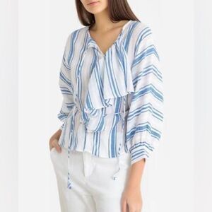 Antik Batik Serifos Ruffled Blue Striped Cotton Gauze Blouse Size L/42